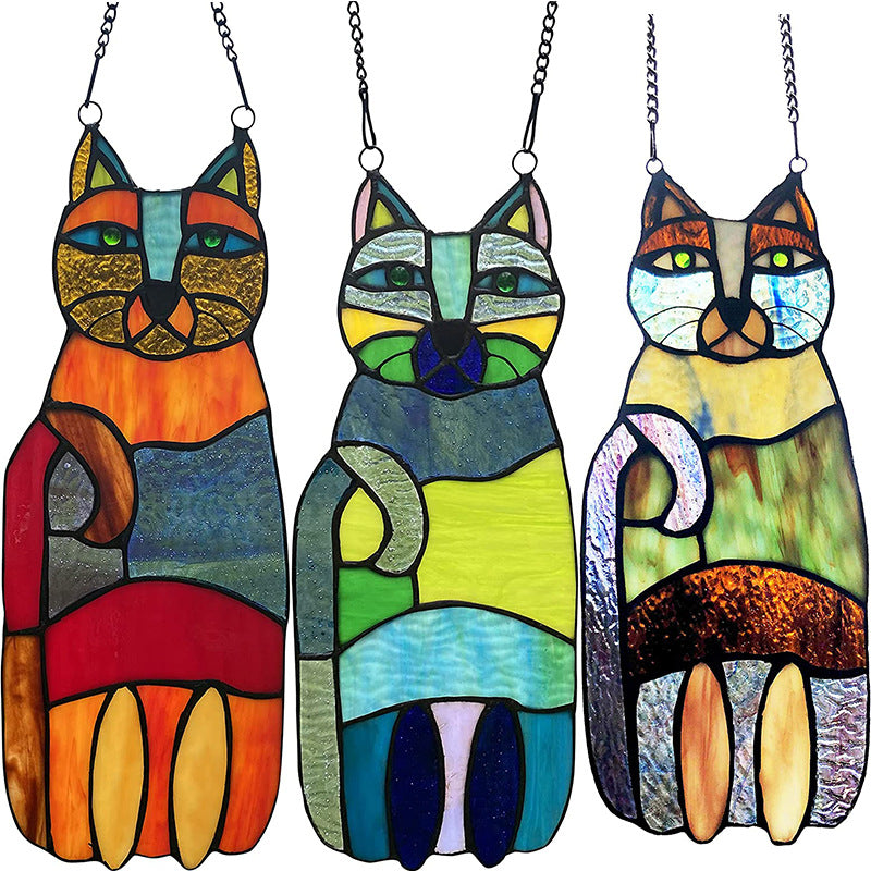 Crazy Cat Stained Glass Style Acrylic Highly Transparent Suncatcher Pendant