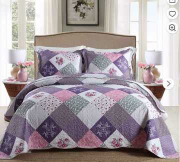 HoneiLife Quilts King Size - 3 Piece Microfiber Quilt set Reversible Bedspreads Patchwork Coverlets Floral Bedding Set All Season, Purple