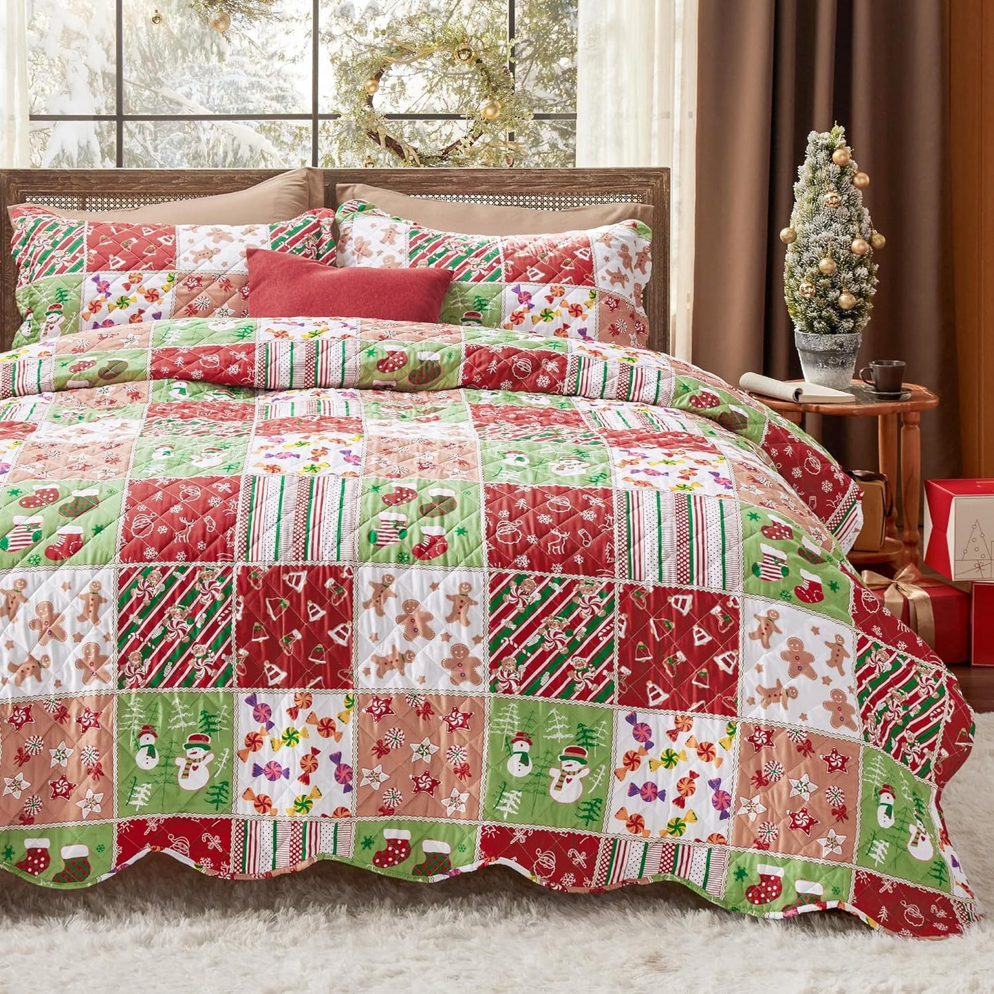 Christmas Quilt Set Multicolor Patchwork Printed Pattern Christmas Bedding Set