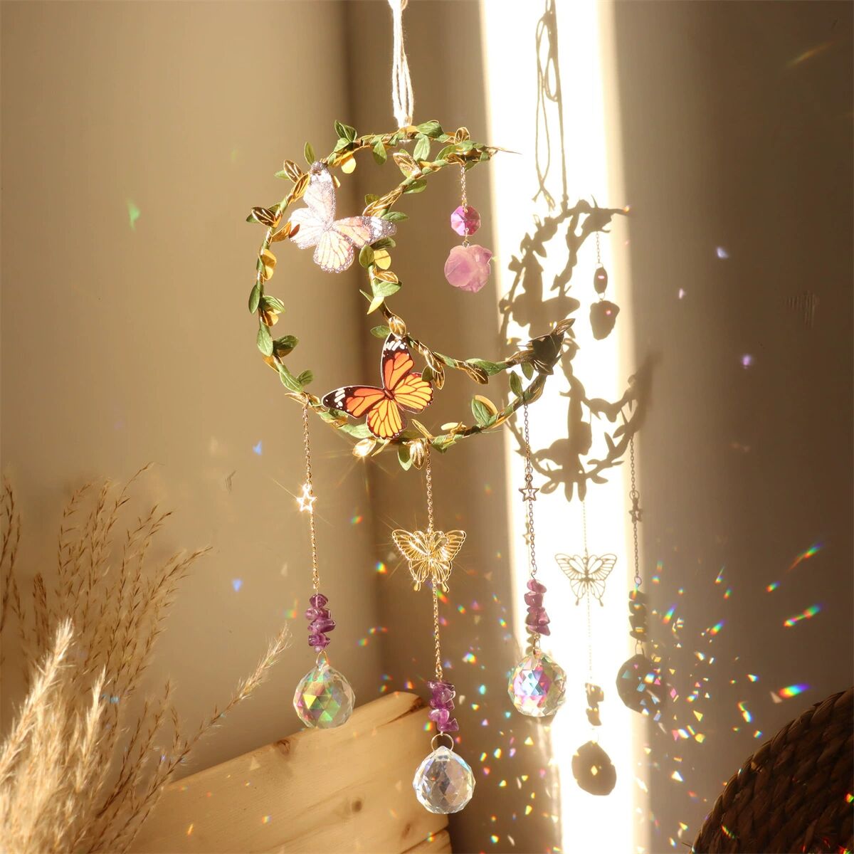 Suncatcher Amethyst Wind Chime Pendant with Wrapped Leaves and Butterflies