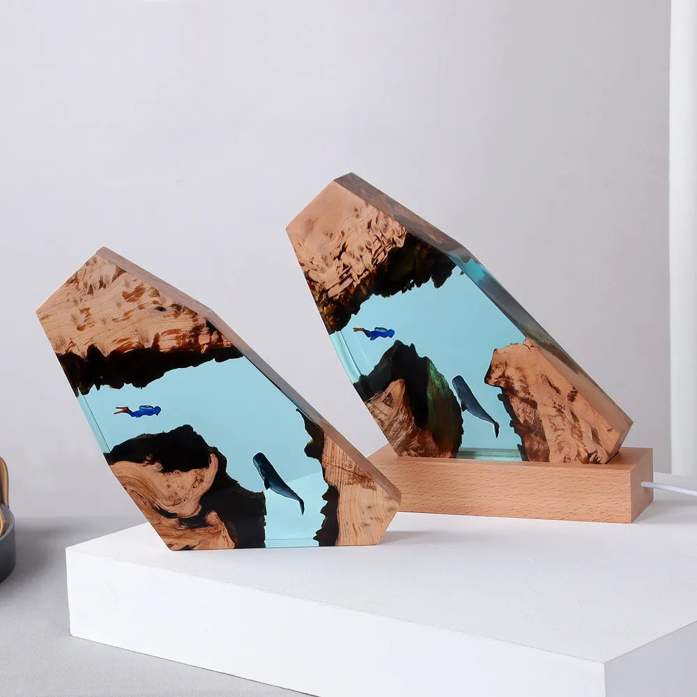 Cave Whale Ocean Art Crafts Solid Wood Resin Lamp