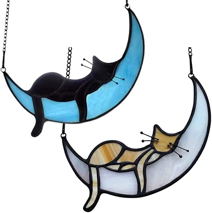 Stained Glass Moon Cat Acrylic Window Hanging Memorial Gift