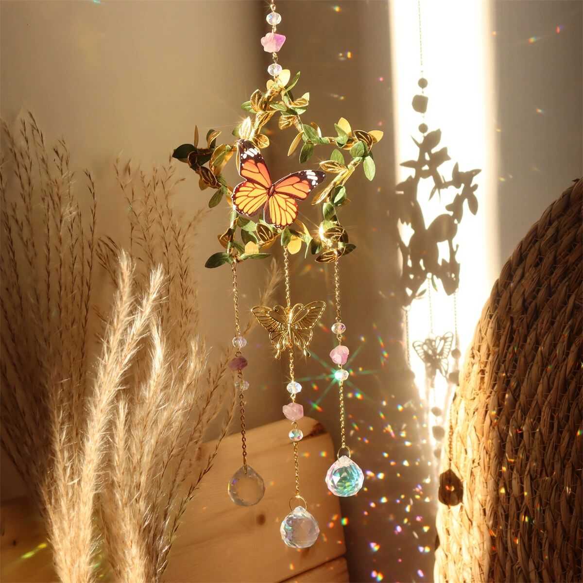Suncatcher Amethyst Wind Chime Pendant with Wrapped Leaves and Butterflies