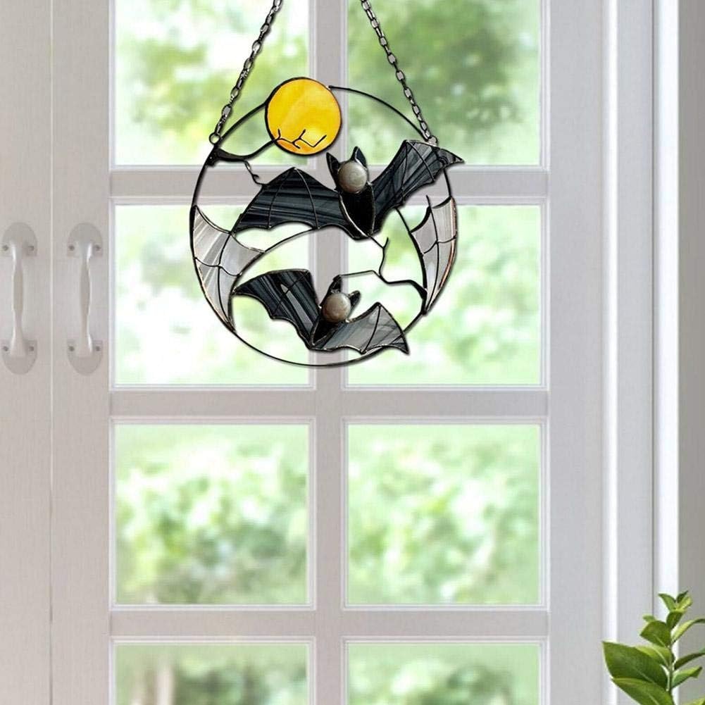 Bat Moon Stained Glass Window Panel with Chain