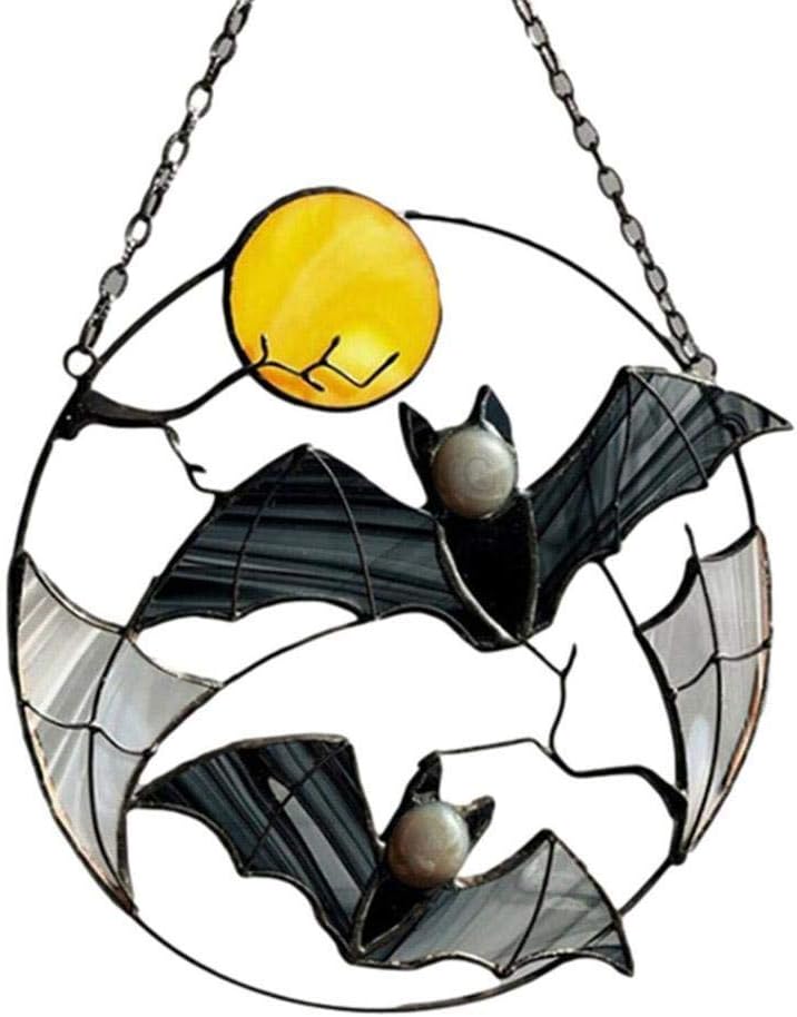 Bat Moon Stained Glass Window Panel with Chain