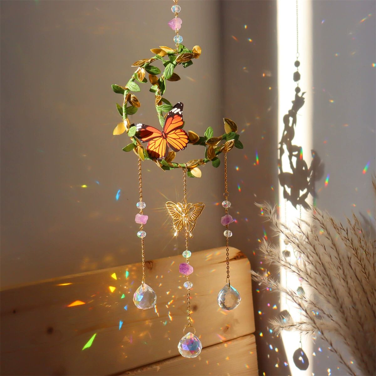 Suncatcher Amethyst Wind Chime Pendant with Wrapped Leaves and Butterflies