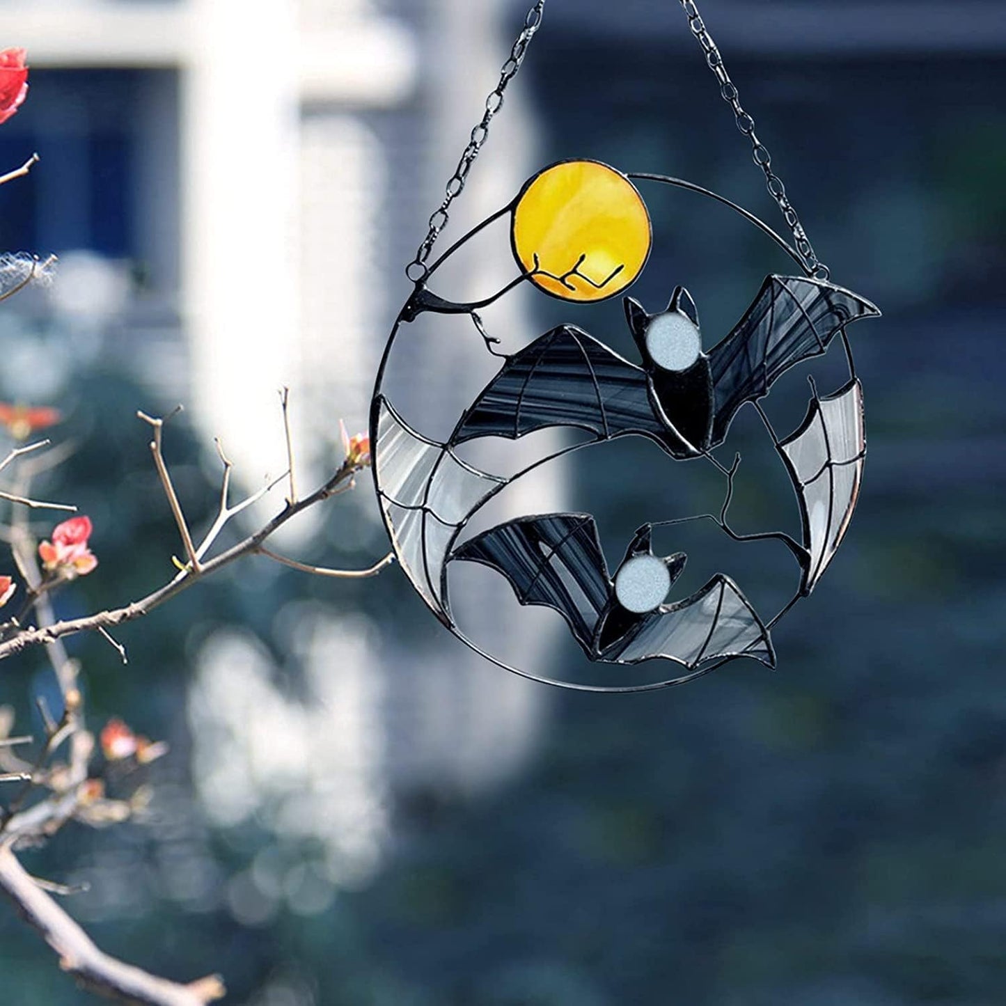 Bat Moon Stained Glass Window Panel with Chain
