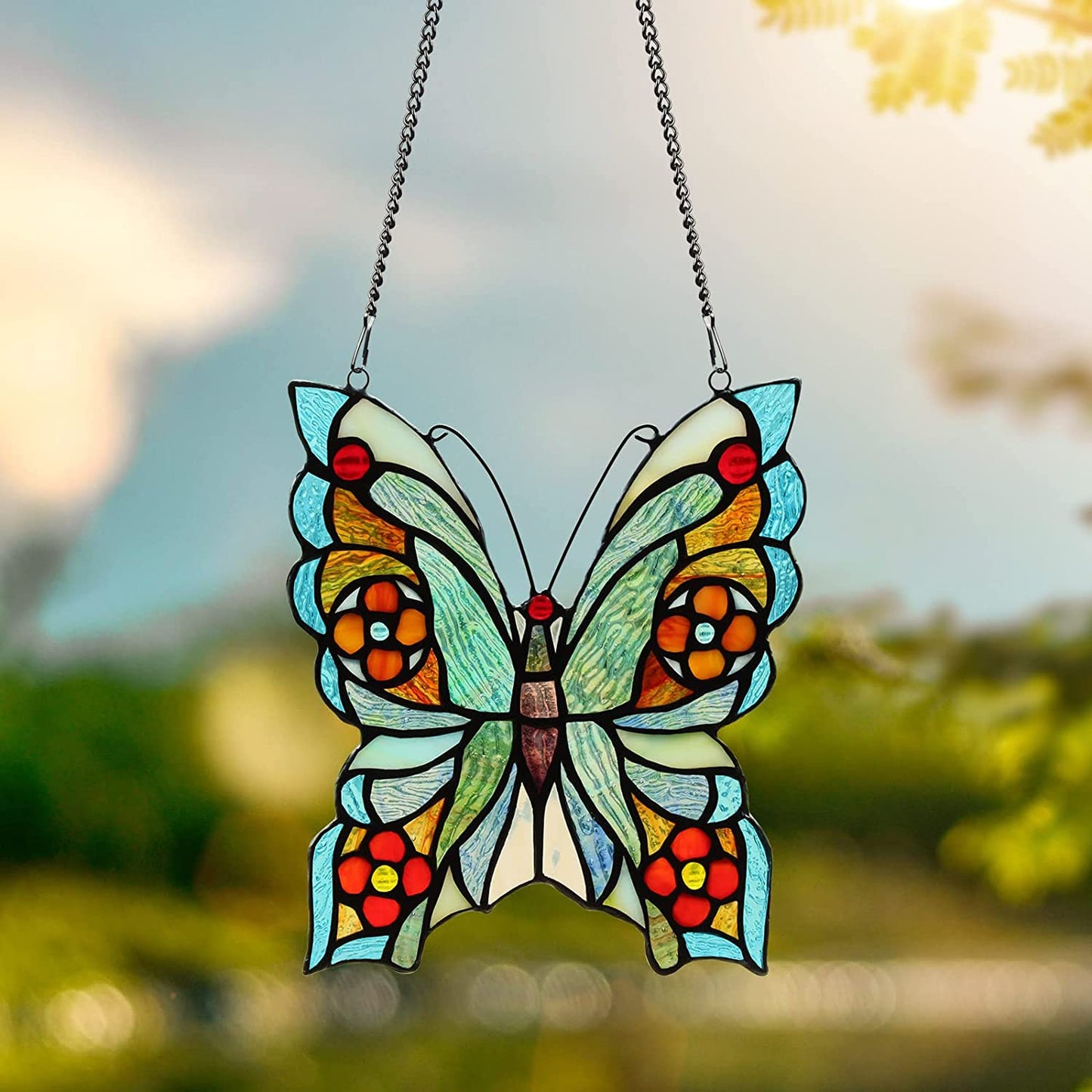 Butterfly&Rooster Stained Glass Window Hanging Suncatcher