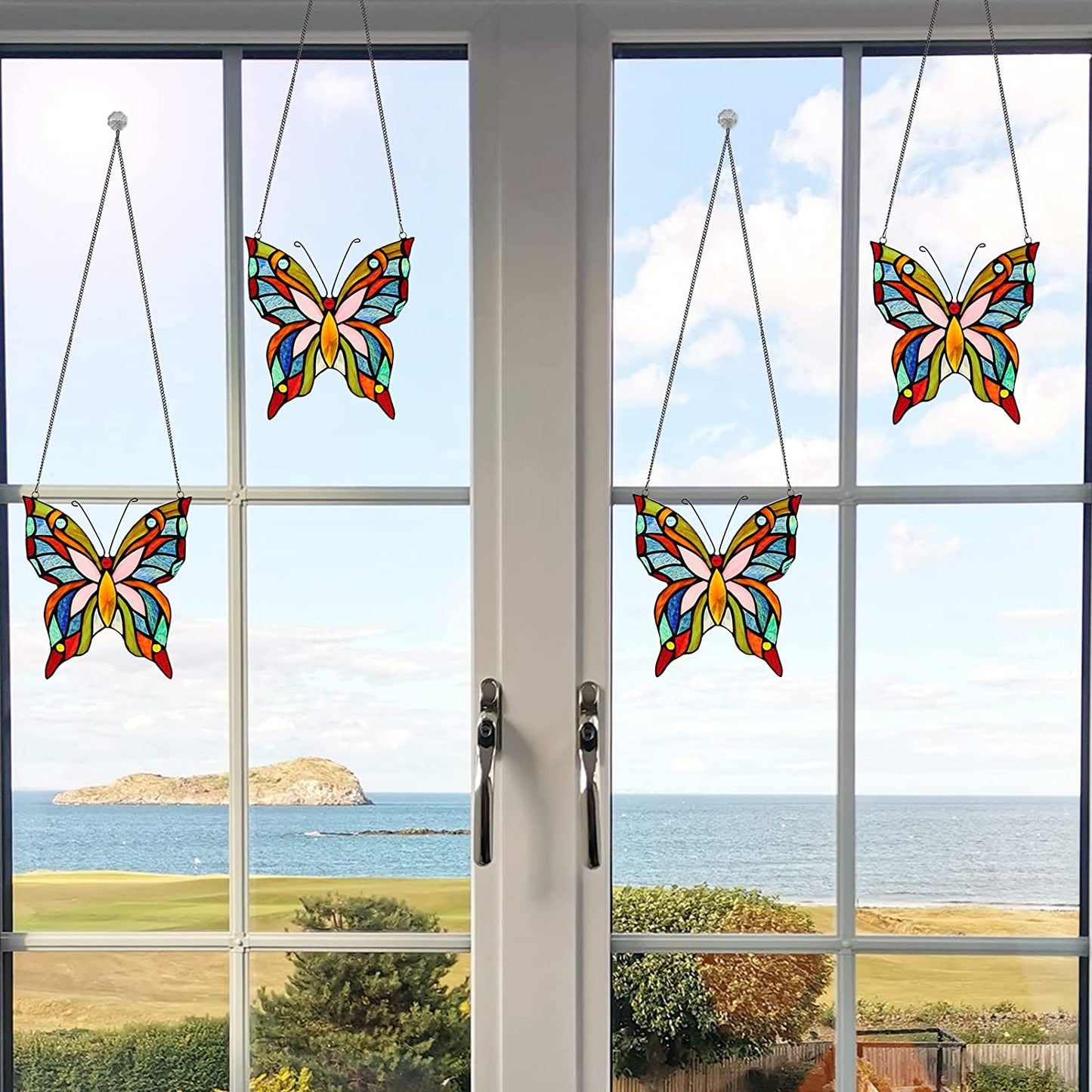 Butterfly&Rooster Stained Glass Window Hanging Suncatcher