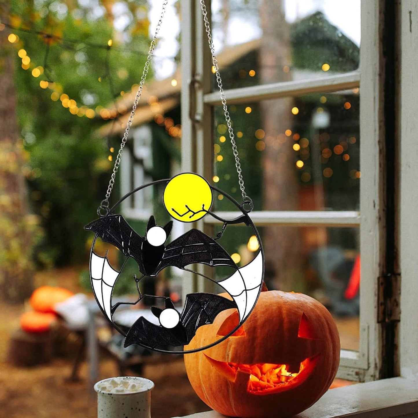 Bat Moon Stained Glass Window Panel with Chain