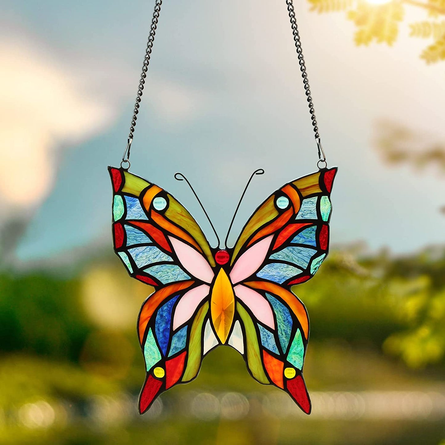 Butterfly&Rooster Stained Glass Window Hanging Suncatcher