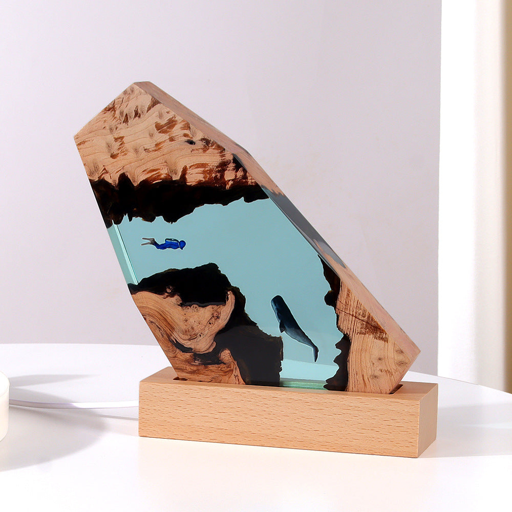 Cave Whale Ocean Art Crafts Solid Wood Resin Lamp