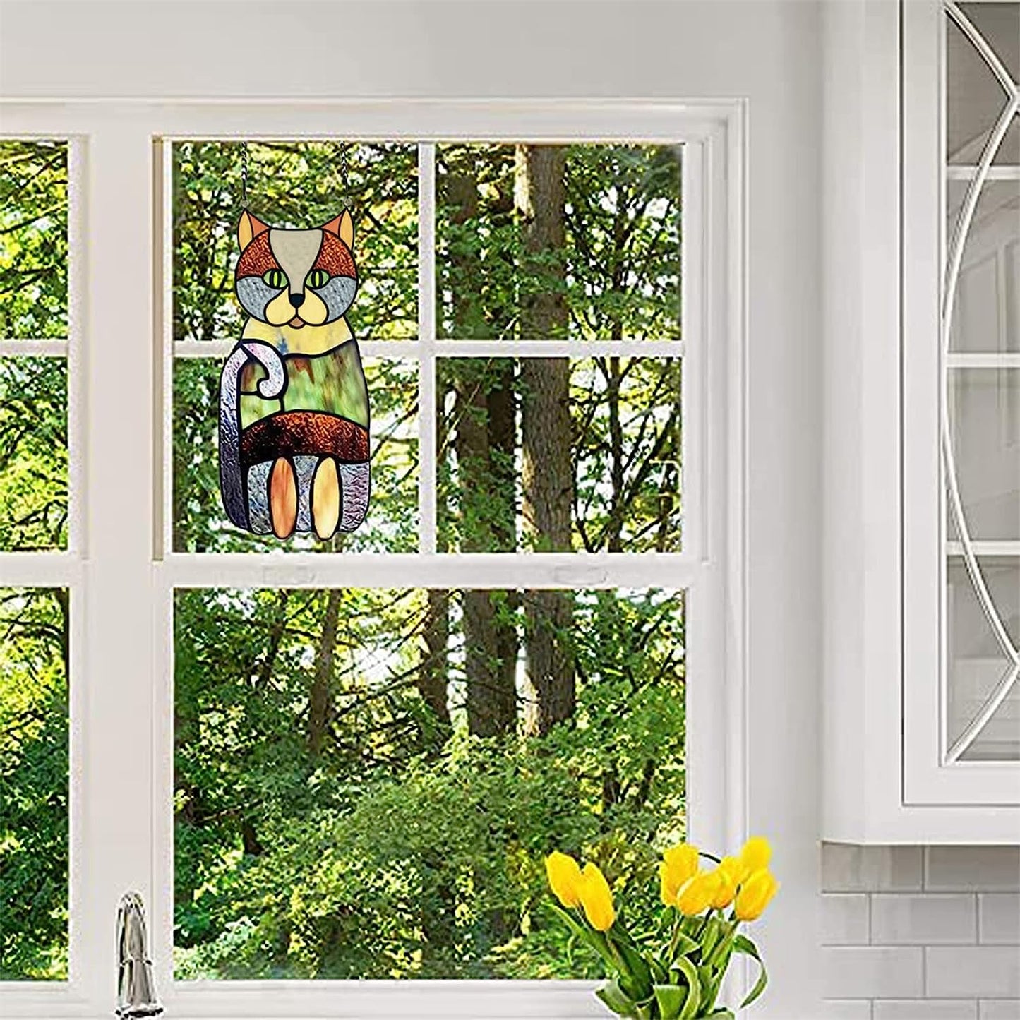Crazy Cat Decoration Pendant Stained Glass Window Hanging Ornament Colorful Cat Ornaments Halloween Decoration