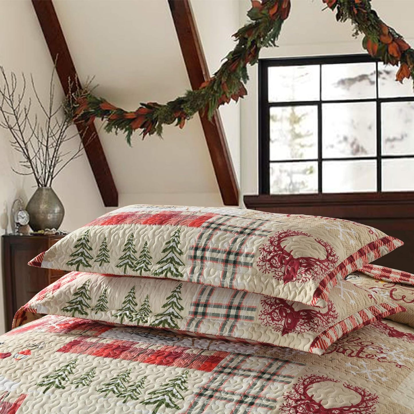 3 Piece Christmas Quilt Set, Rustic Lodge Deer Quilt Bedspread Throw Blanket Lightweight Bedspread Coverlet Comforter Set