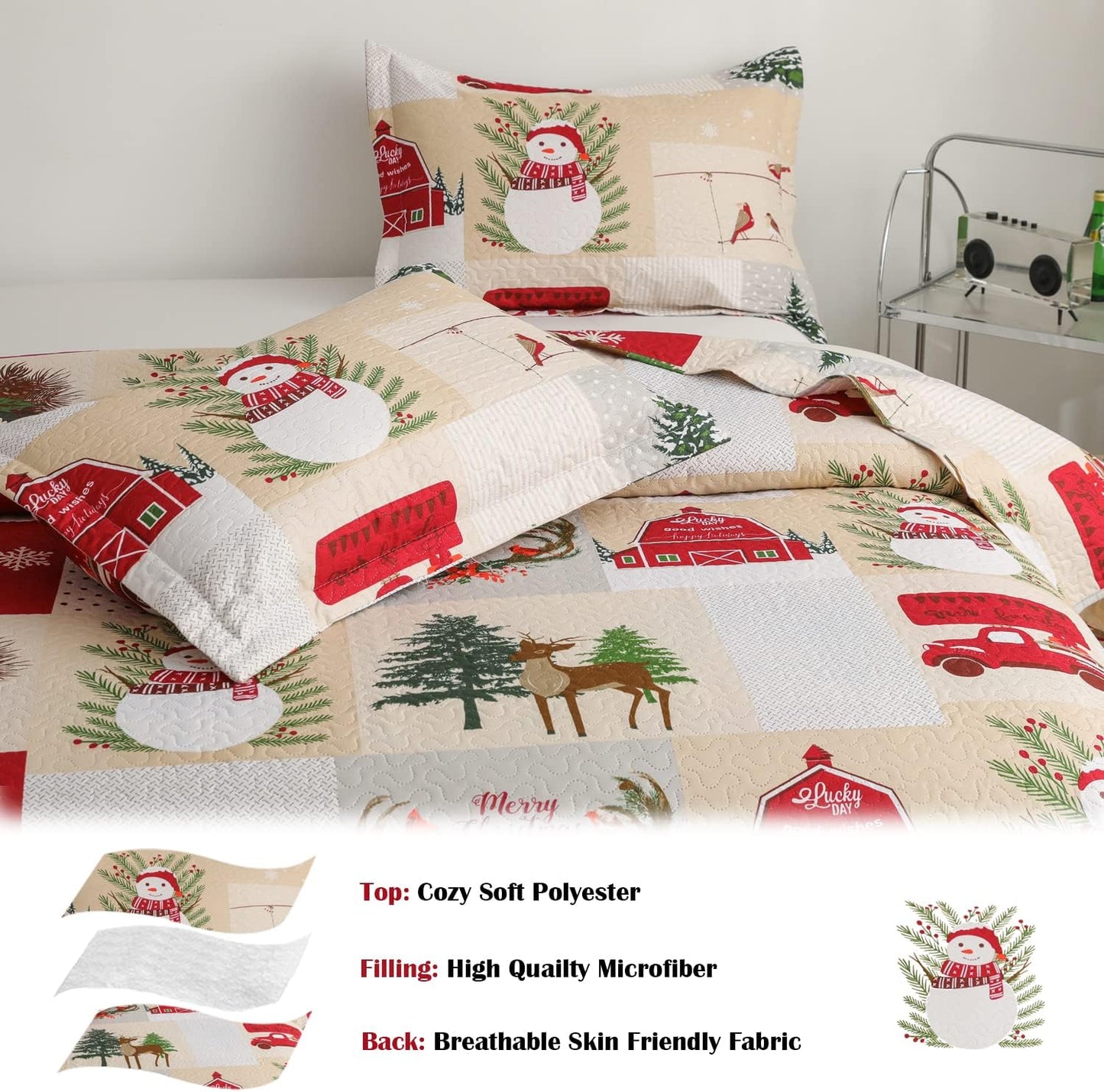 Christmas Quilt Set Full/Queen Size 3-Piece Xmas Bedspread Reversible Coverlet Snowman Design for New Year Bed Decor