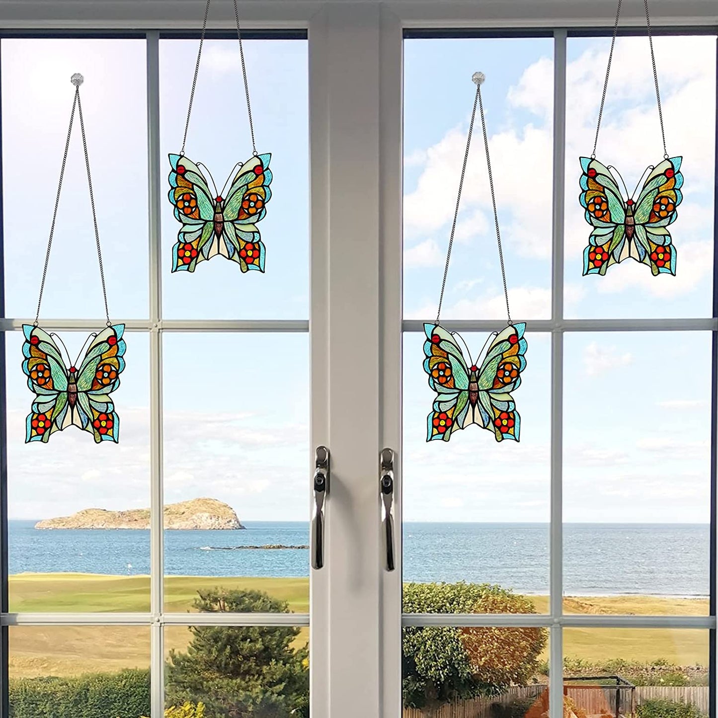 Butterfly&Rooster Stained Glass Window Hanging Suncatcher