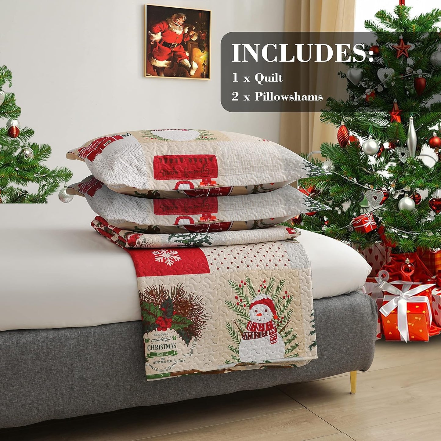 Christmas Quilt Set Full/Queen Size 3-Piece Xmas Bedspread Reversible Coverlet Snowman Design for New Year Bed Decor
