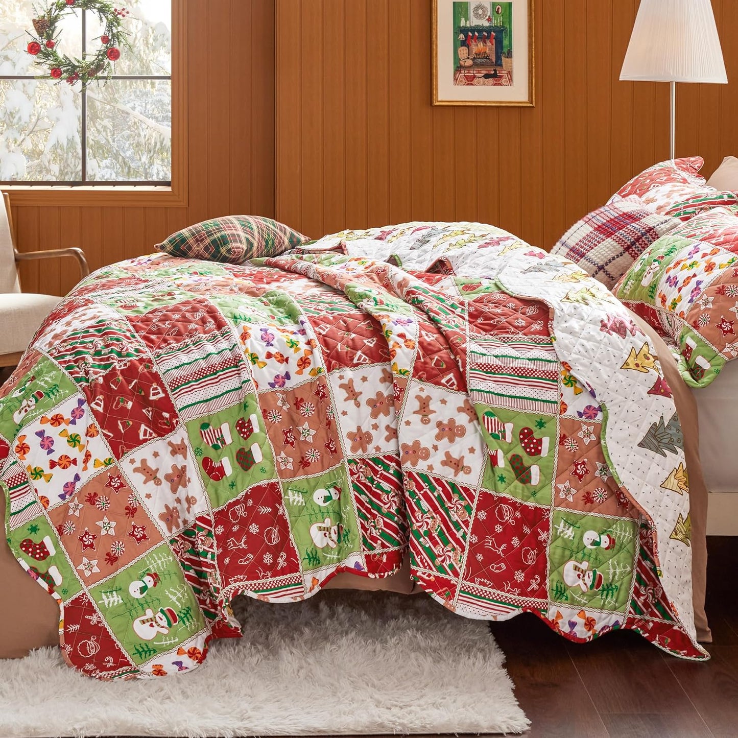Christmas Quilt Set Multicolor Patchwork Printed Pattern Christmas Bedding Set