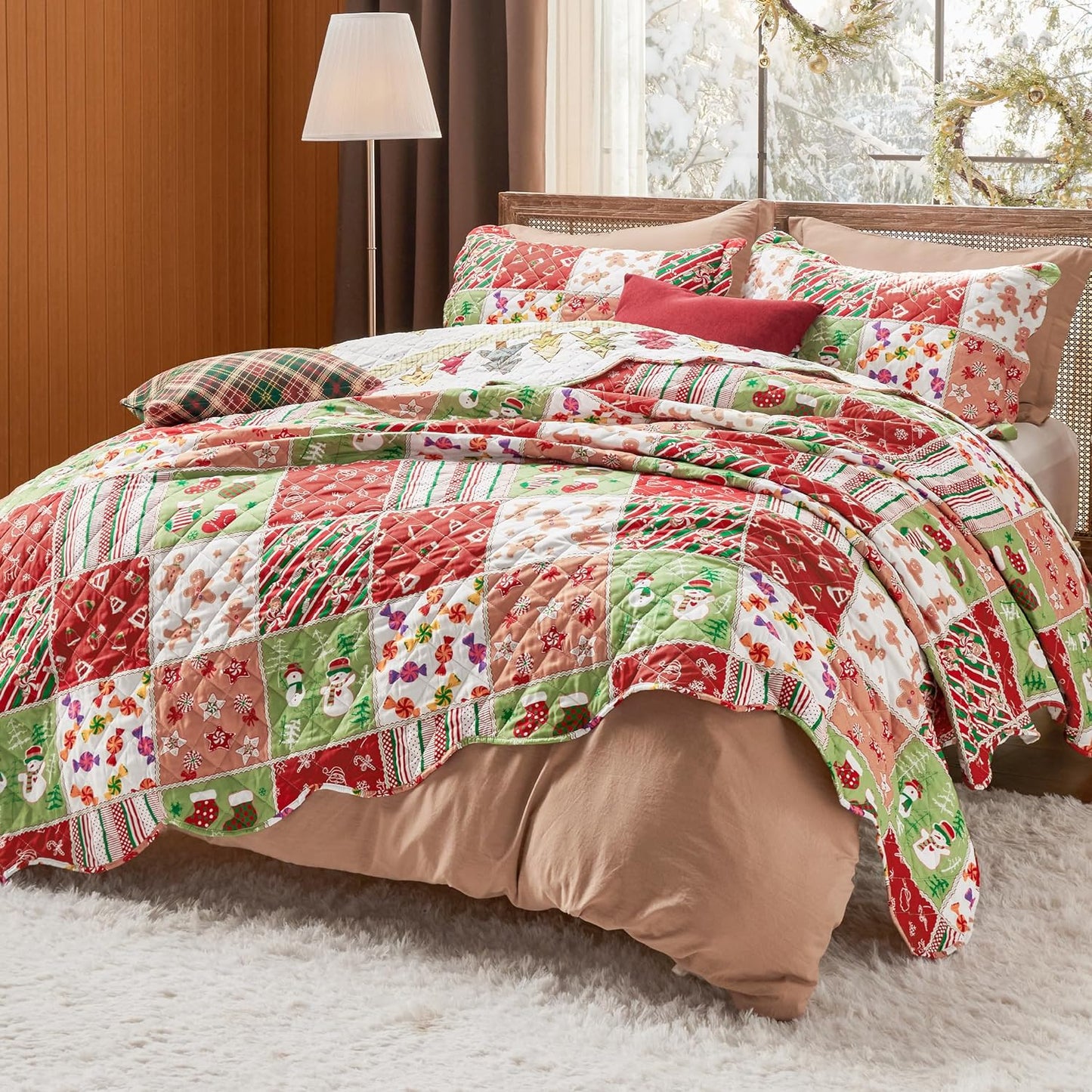 Christmas Quilt Set Multicolor Patchwork Printed Pattern Christmas Bedding Set