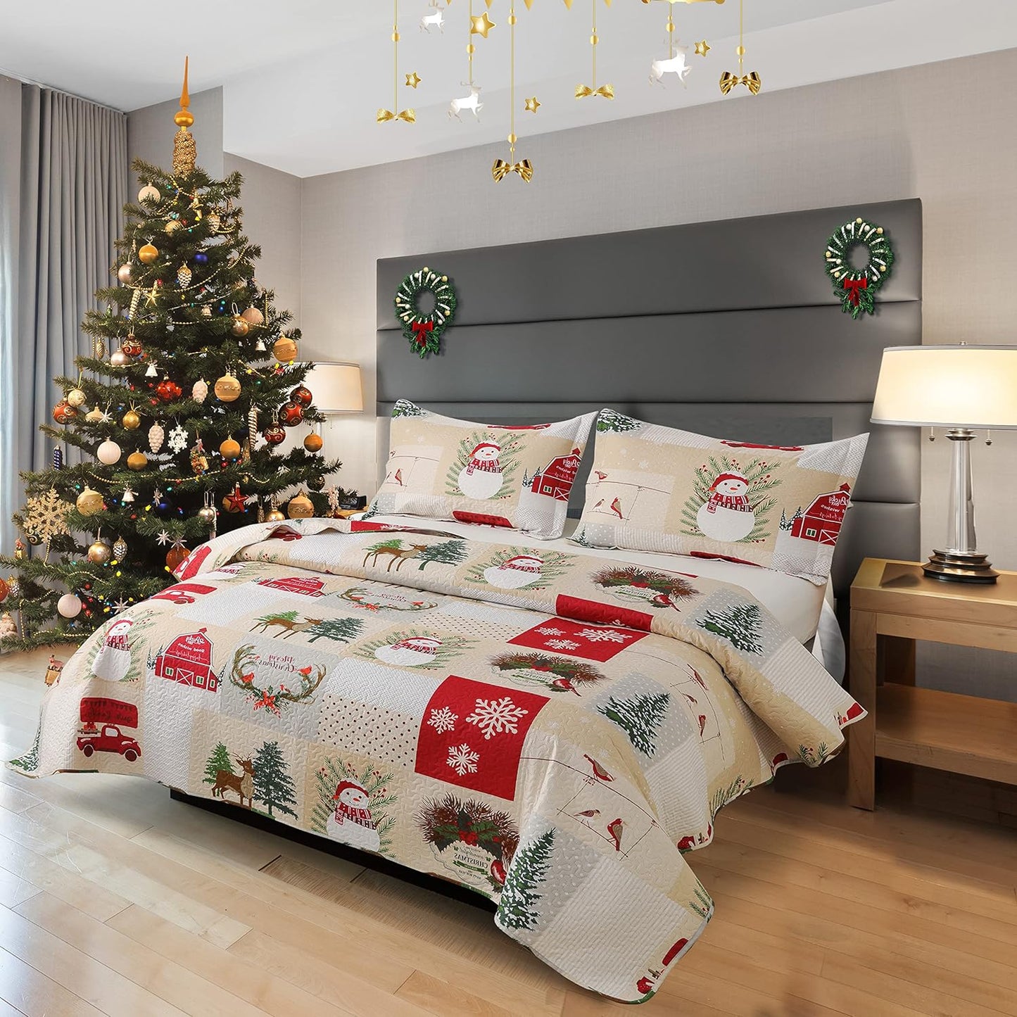 Christmas Quilt Set Full/Queen Size 3-Piece Xmas Bedspread Reversible Coverlet Snowman Design for New Year Bed Decor