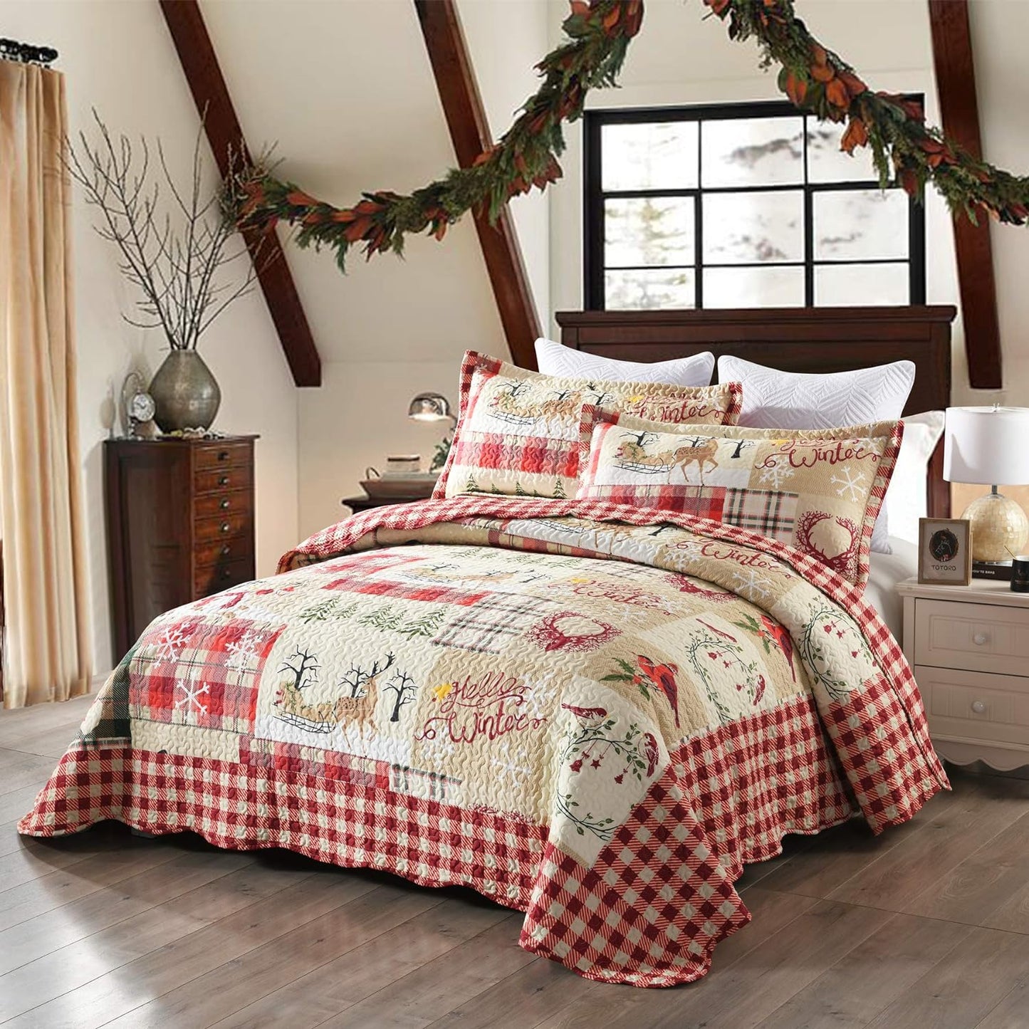 3 Piece Christmas Quilt Set, Rustic Lodge Deer Quilt Bedspread Throw Blanket Lightweight Bedspread Coverlet Comforter Set