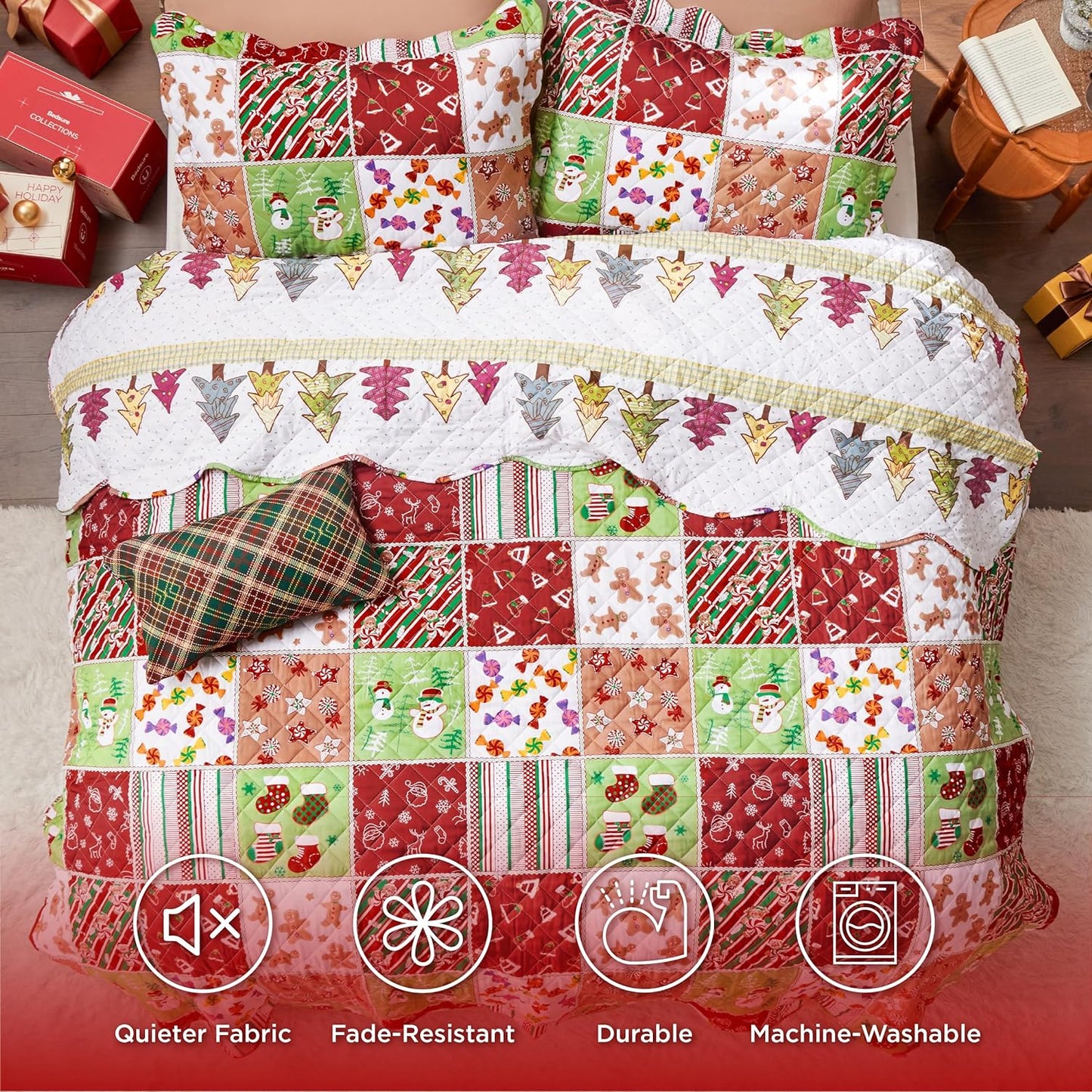 Christmas Quilt Set Multicolor Patchwork Printed Pattern Christmas Bedding Set
