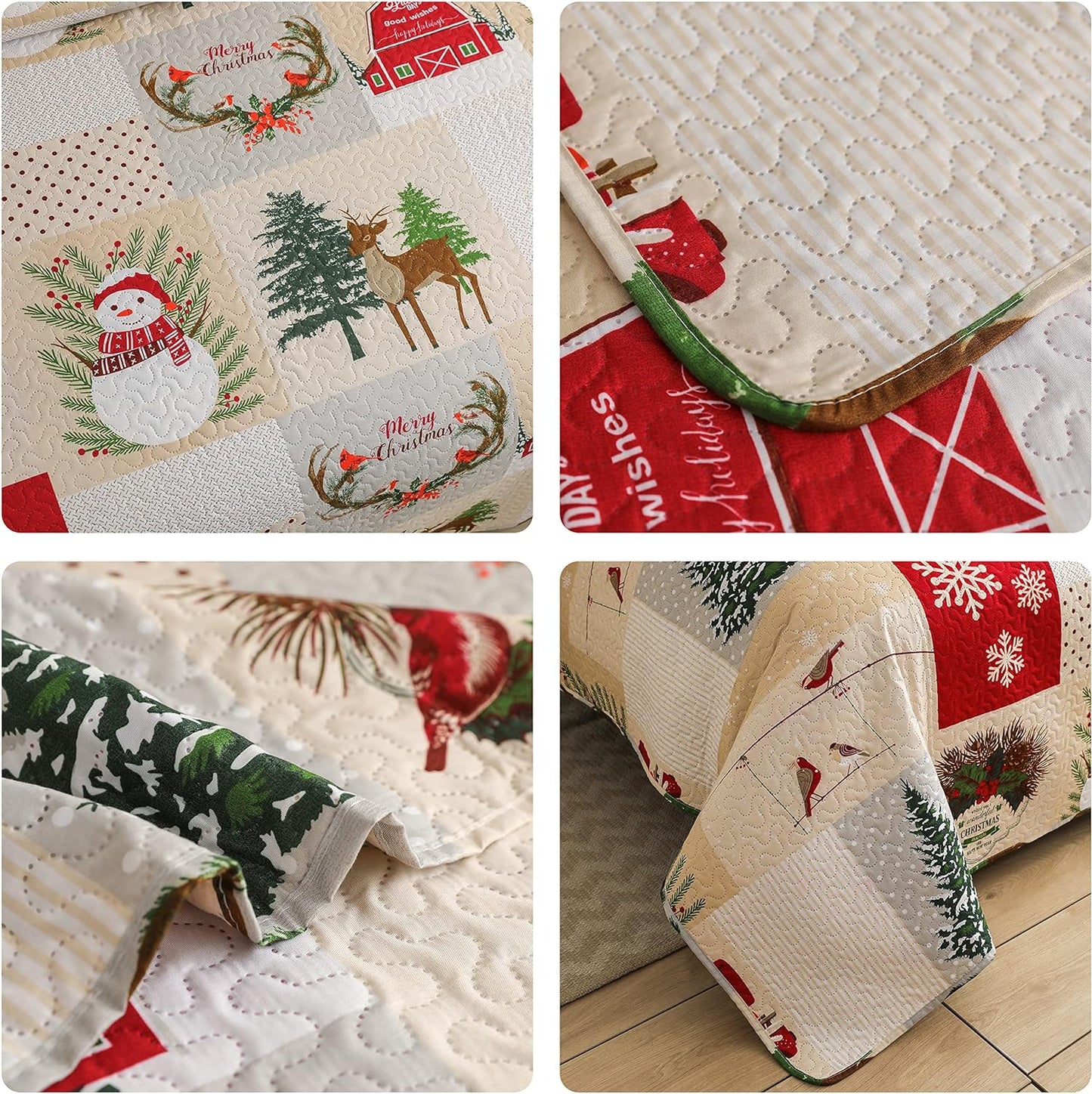 Christmas Quilt Set Full/Queen Size 3-Piece Xmas Bedspread Reversible Coverlet Snowman Design for New Year Bed Decor