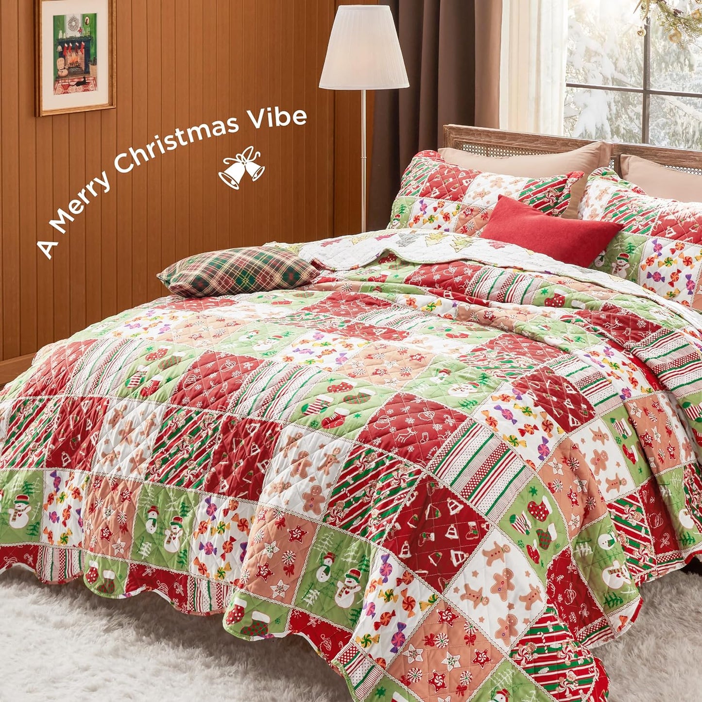 Christmas Quilt Set Multicolor Patchwork Printed Pattern Christmas Bedding Set