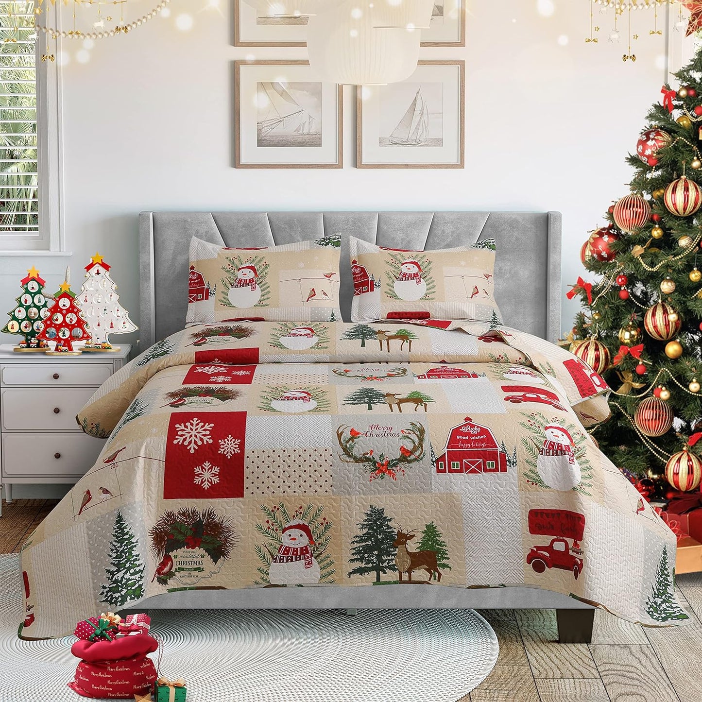 Christmas Quilt Set Full/Queen Size 3-Piece Xmas Bedspread Reversible Coverlet Snowman Design for New Year Bed Decor