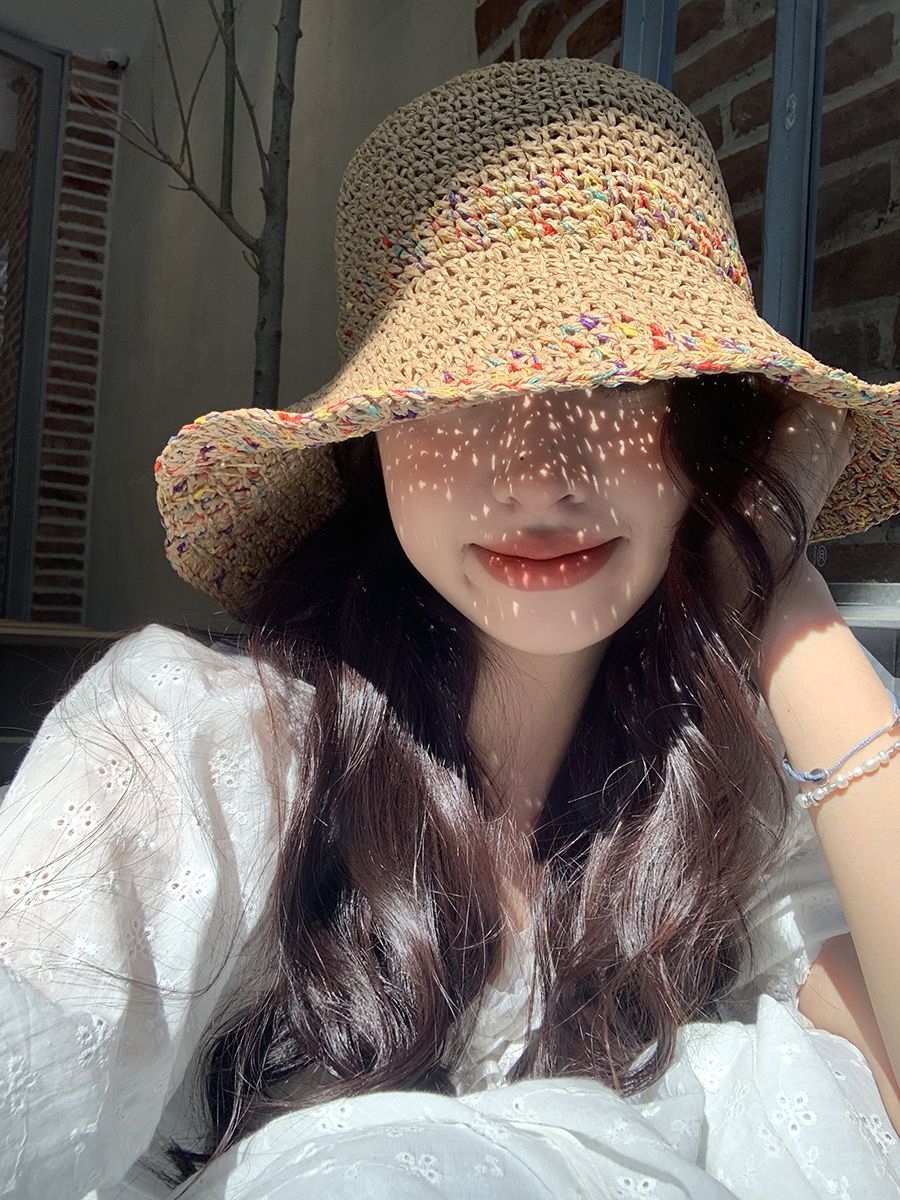 Summer Hollow Sun Hat Colorful Vacation Style Wide Brim Preparation Straw Hat