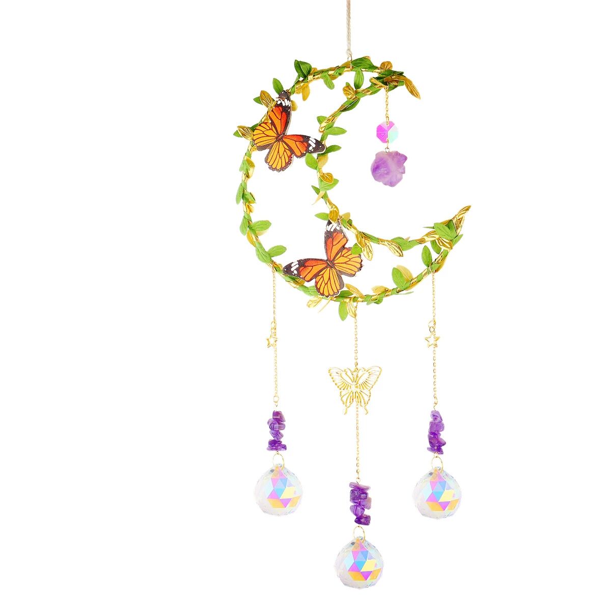 Suncatcher Amethyst Wind Chime Pendant with Wrapped Leaves and Butterflies