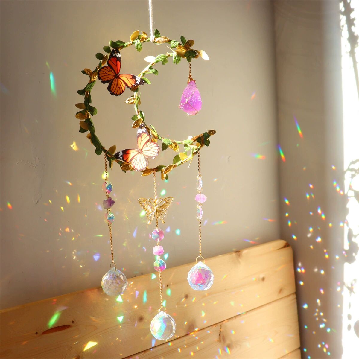 Suncatcher Amethyst Wind Chime Pendant with Wrapped Leaves and Butterflies