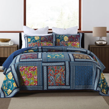 NEWLAKE 3-Piece Floral Cotton Patchwork Quilt Set Decor Quilt Set with Pillow Shams