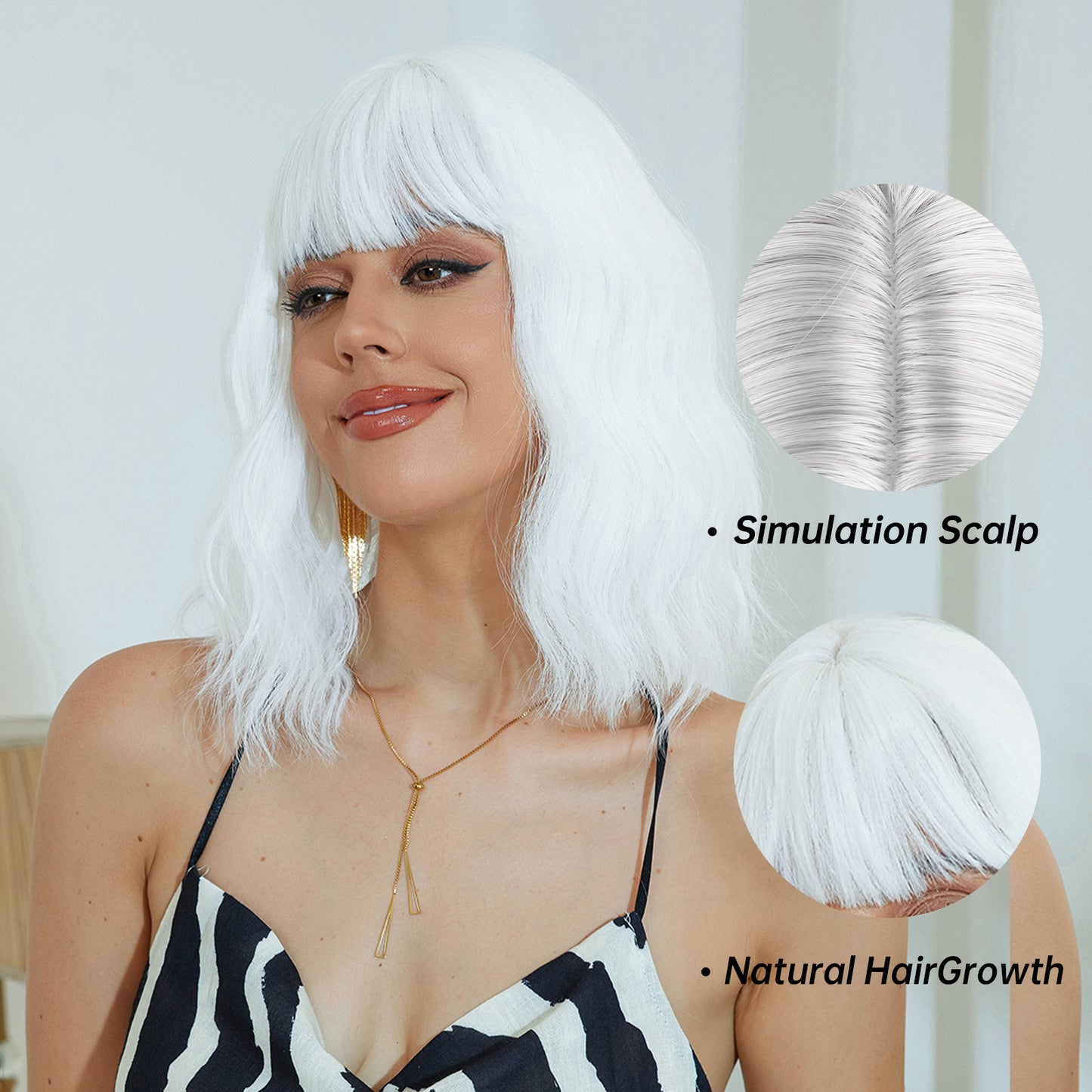 Short white wig with bangs and curly hair