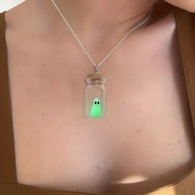 Cute Ghost Necklace, Glow-In-The-Dark Ghost Charm Necklace, Halloween Necklace