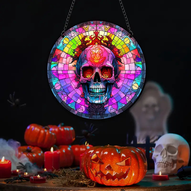 Halloween Bat Skull Stained Suncatcher