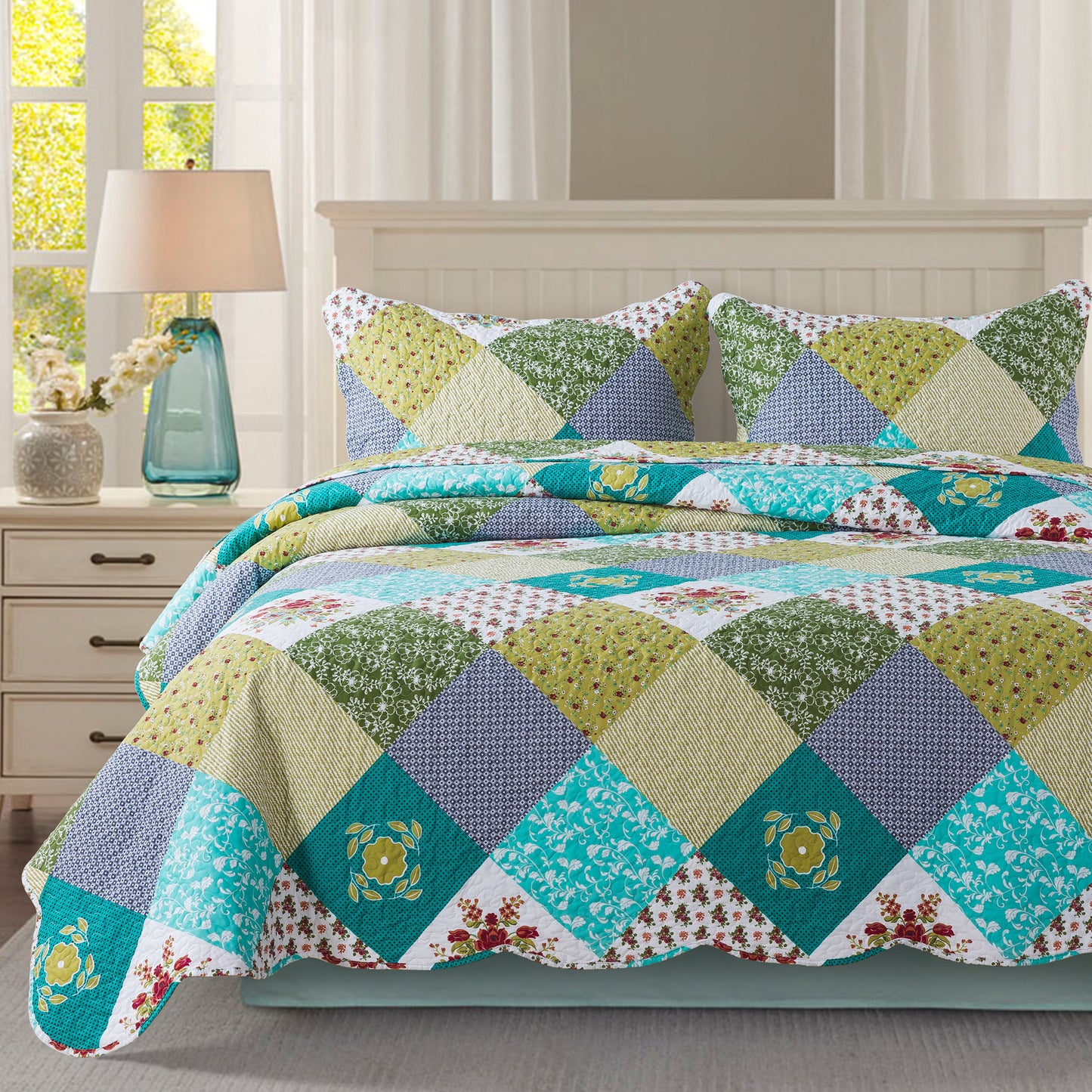 Quilt Bedspread Sets-Checkered Floral Reversible Coverlet Set,Queen/King Size