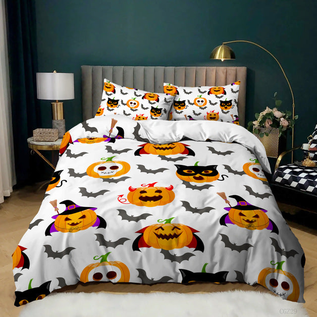 Halloween Spider Bat Print Kit Quilt Cover, 3 Piece Bedding Set