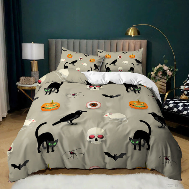 Halloween Spider Bat Print Kit Quilt Cover, 3 Piece Bedding Set