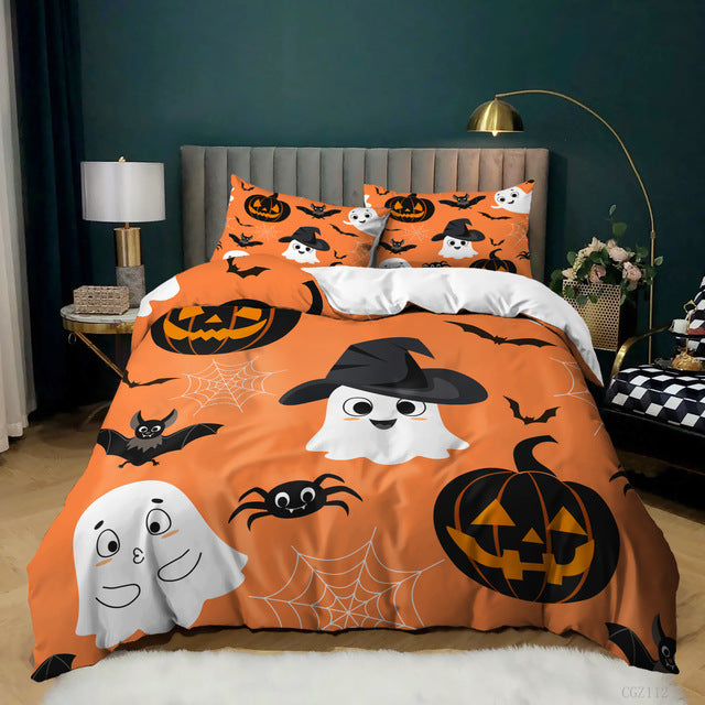 Halloween Spider Bat Print Kit Quilt Cover, 3 Piece Bedding Set