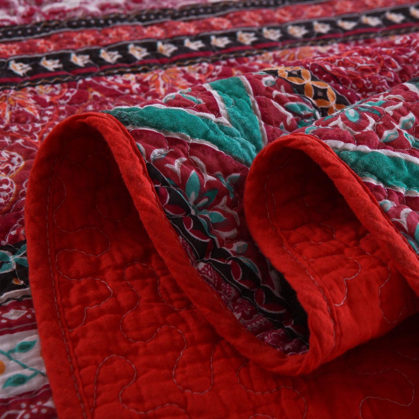 Cotton Bedspread Quilt Sets-Reversible Patchwork Coverlet Set, European Gorgeous Floral Pattern