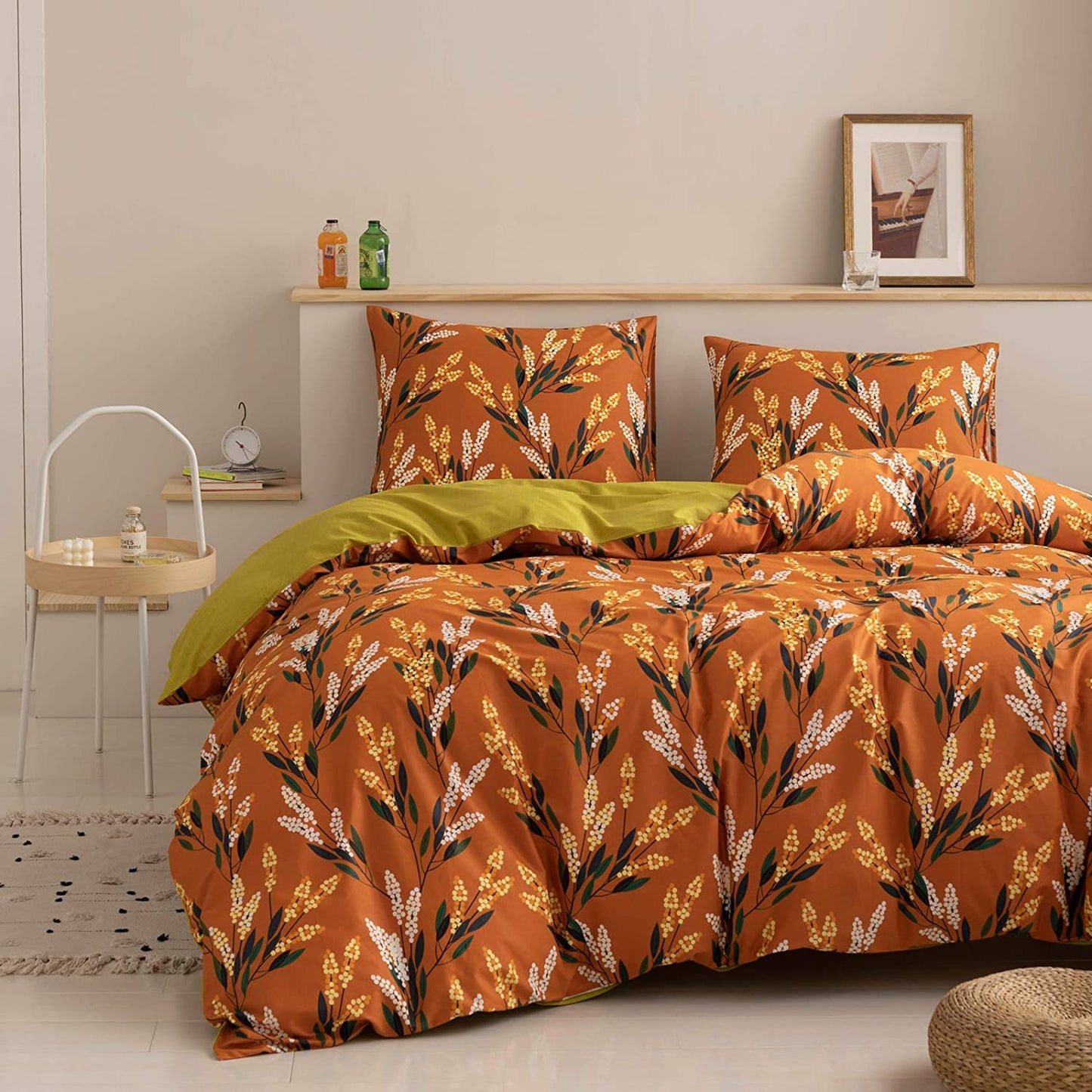 100% Cotton Comforter Cover Floral Duvet Cover Sets, Rust Red