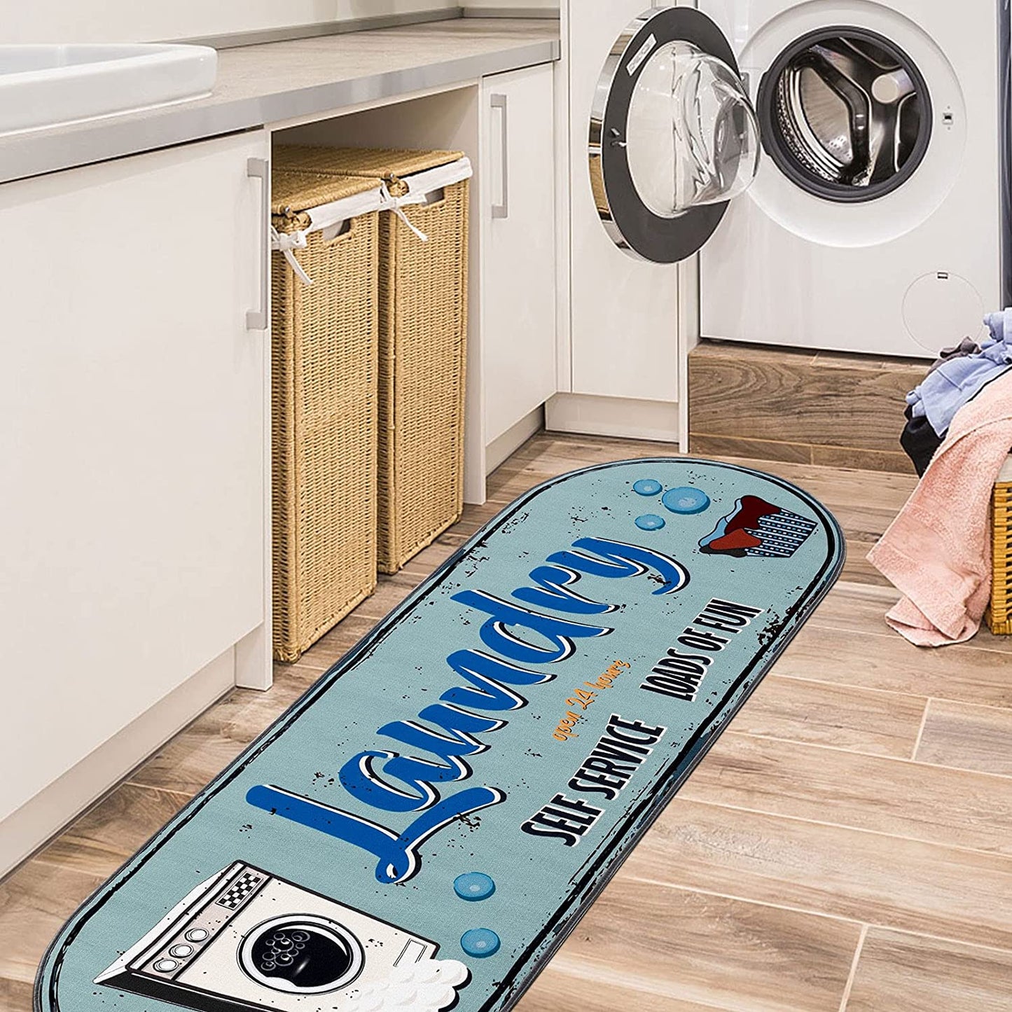 Oval Laundry Room Decorative Printed Runner Rug, Mint & Blue, 20"x59"