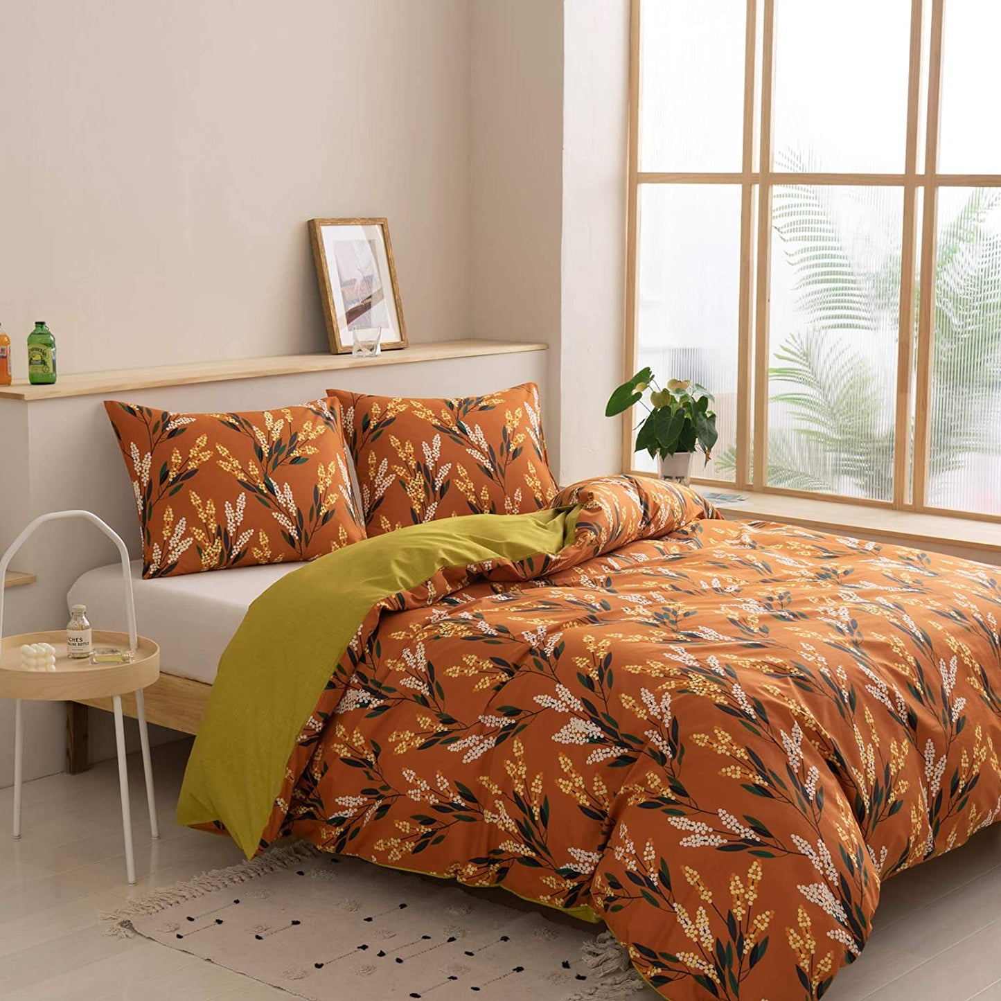 100% Cotton Comforter Cover Floral Duvet Cover Sets, Rust Red