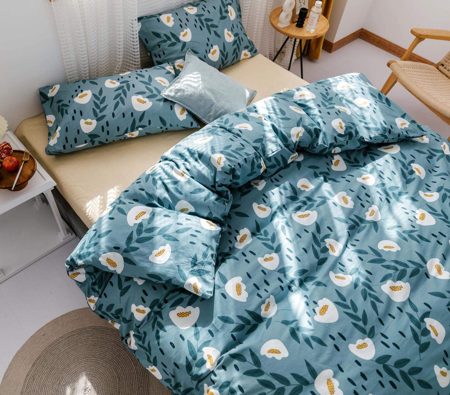 Cotton Duvet Cover Queen Size Blue Floral Comforter Cover Set