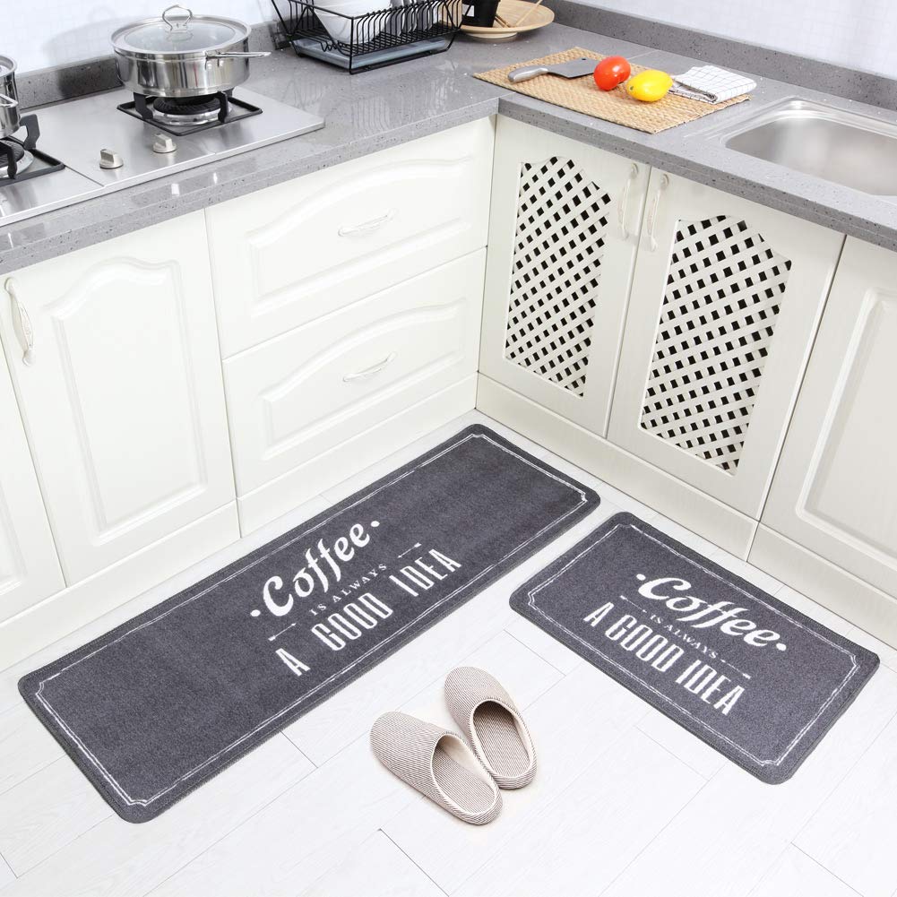 2 Pieces Non-Slip Kitchen Mat Set Rubber Backing Doormat Runner Rug Set (Grey 15"x47"+15"x23")