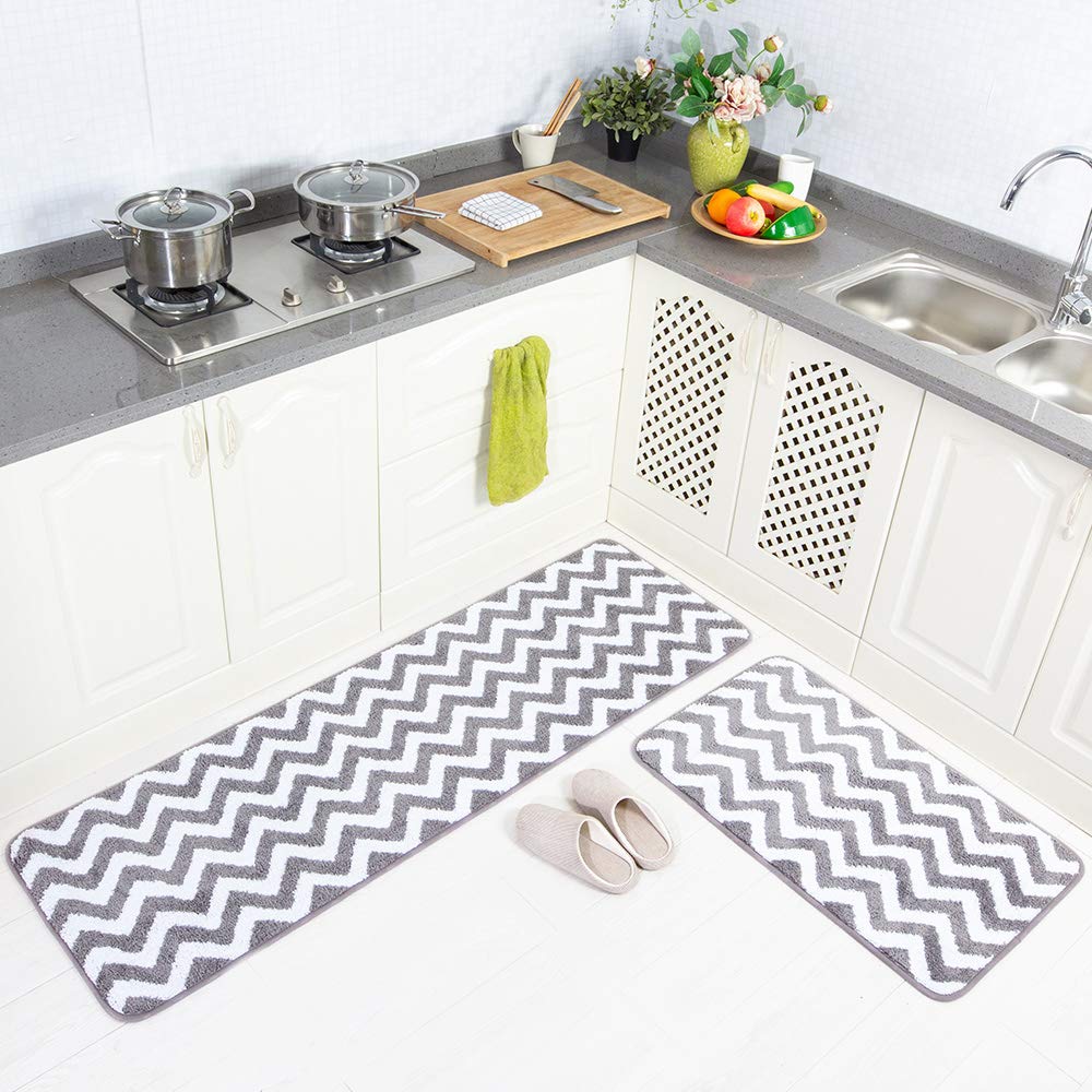 2 Pieces Microfiber Chevron Non-Slip Soft Kitchen Mat-20"x63"+20"x31", Grey