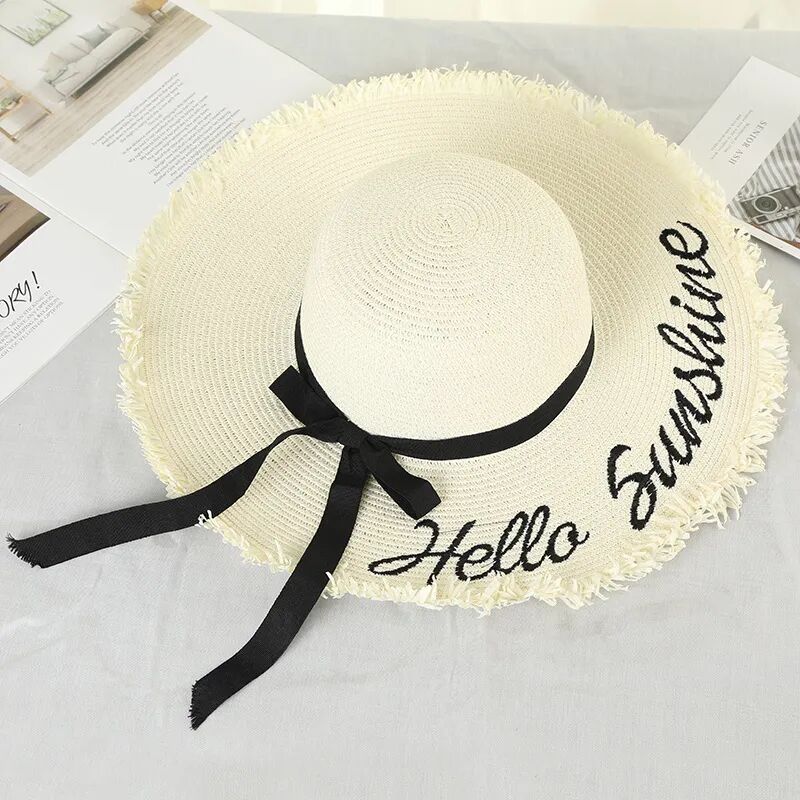 Women Raw Edge Floppy Wide Brim Summer Beach Straw Sun Hat
