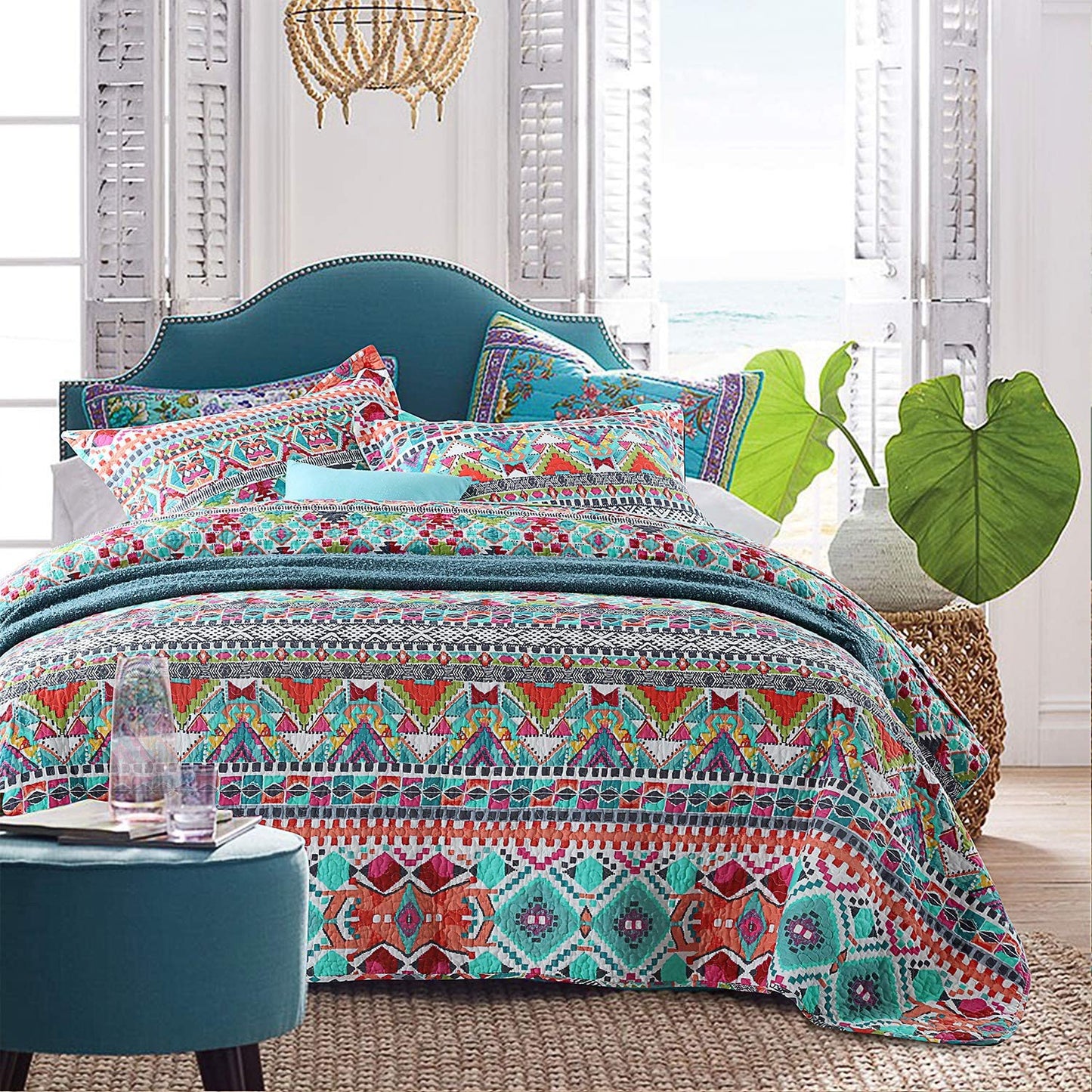 Cotton Bedspread Quilt Sets-Reversible Patchwork Coverlet Set,Boundless Universe Pattern,Queen/King Size
