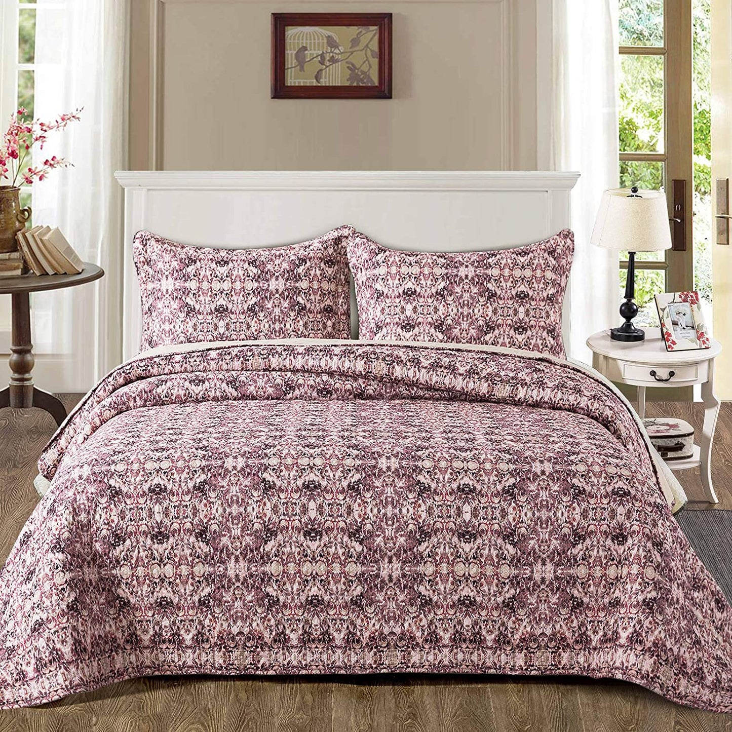 Microfiber Quilt Bedspread Sets-Ancient Bed-in-A-Bag Pattern Reversible Coverlet Set,Queen Size